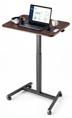 Produktbild von Stehpult, höhenverstellbarer, mobiler Schreibtisch zum Stehen mit 4 Rollen, kleines Computer-Stehpult mit Rollen (650 x 480 mm) mit Haken, Tragfähigkeit der Arbeitsfläche: 15 kg, ideal für das Homeoffice, braun
