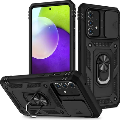 Produktbild von Galaxy A52 Hülle, Schiebe Kamera Schutz Robust Rüstung Stoßfest Schutzhülle mit Ringhalterung Ständer Kartenhalter für Samsung Galaxy A52 5G / 4G Schwarz