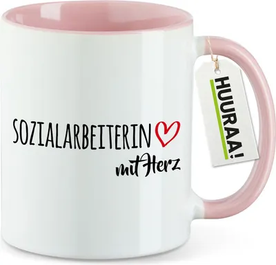 Produktbild von Huuraa Kaffeetasse Sozialarbeiterin mit Herz 330ml Rosa Keramik Kaffeebecher Geschenkidee