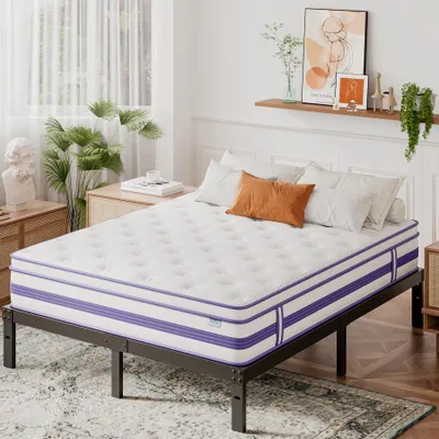 A mattress on a bed frame in a bedroom setting.