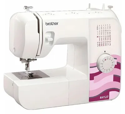 A white Brother sewing machine with pink and purple wavy accents on the side.
