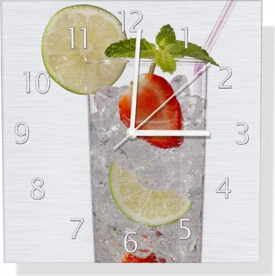 Produktbild von Wallario Design Wanduhr Glas Wasser mit Erdbeeren aus Aluverbund, Größe 30 x 30 cm