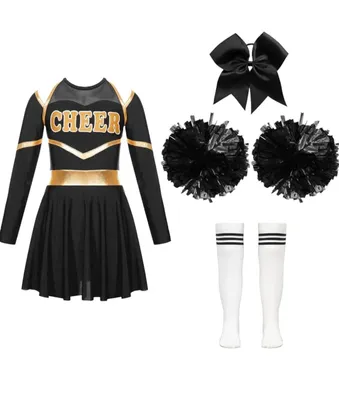 A cheerleading outfit and accessories laid out on a white background.
