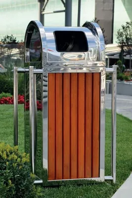 Produktbild von Casa Padrino Park Abfallbehälter Silber / Braun H. 90 cm - Stadt Abfalleimer - Edelstahl Mülleimer