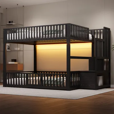 Produktbild von STILVORA Etagenbett 140x200 mit Stauraumleiter integrierter LED-Beleuchtung Sicherheitsgeländer, Hochbett mit niedriger Bauweise Doppelleiter sicherem Aufstieg, Kinderbett mit Türdesign stabilem Rahmen hoher Tragfähigkeit, Schwarz