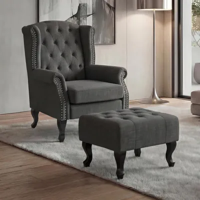 Obrázek produktu pro Křeslo Chesterfield, Relaxační křeslo Klubové křeslo Křeslo Wing Armchair, vodoodpudivá tkanina/textil  tmavě šedá s otomanem