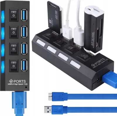 Produktbild von USB 3.0 Hub 4 Port Power Schalter LED Datenhub Aktiv Laden Datenübertragung Mehrfach Ports Verteiler Aus-Schalter PC Laptop MacBook Powerbank Retoo