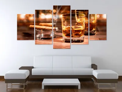 Produktbild von Akustikbild Zigarre und Whisky 200x100 cm Bilder Akustikschaum Hochleistungsschallabsorber Schallschutz Leinwand 5 tlg Wandbild Raumakustik Schalldämmung Alkohol Bar Drink Holzoptik 030106-13