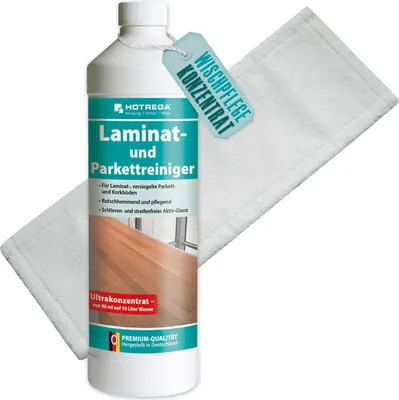 Produktbild von HOTREGA Laminat und Parkett Reiniger 1 L Konzentrat, Microfasermopp SET