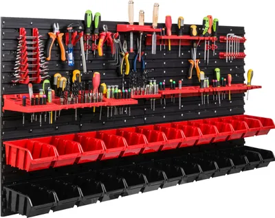 Immagine prodotto di Sistema di stoccaggio Scaffale da officina | 156 x 78 cm | 26 pezzi. Scatola | Scaffale a muro con supporti per utensili e contenitori impilabili - Pannelli a muro Scaffale extra forte Scaffale forato per utensili Scaffale da magazzino Scaffale da garage