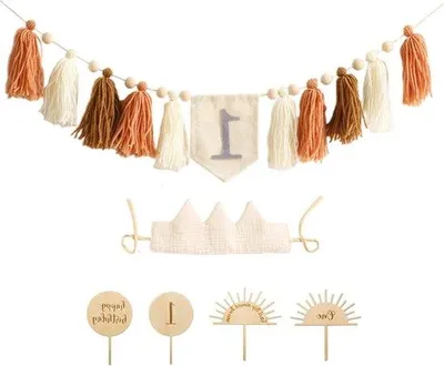 Image de Kit de décoration d'anniversaire pour les 1 an, garçon ou fille, couronnes beiges