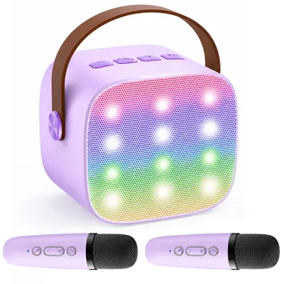 Produktbild von Karaoke Maschine Kinder mit 2 Mikrofonen, tragbarer Bluetooth Lautsprecher mit LED Beleuchtung, Mini KTV Set für Mädchen, Geschenk, Party und Reisen