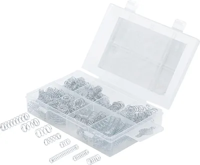A clear, well-lit studio shot of a plastic organizer box filled with various sizes of metal springs. Some springs are also scattered on the white surface in front of the box.