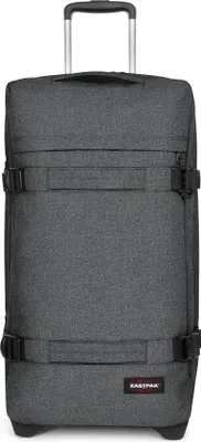 A front view of a dark gray suitcase with black straps and wheels.