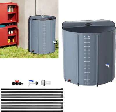 Image de XINZI Réservoir d'eau de pluie pliable - Réservoir d'eau de pluie Réservoir d'eau Réservoir d'eau de pluie avec grille d'entrée d'eau et vanne de vidange Réservoir d'eau de pluie, 750 L, gris foncé
