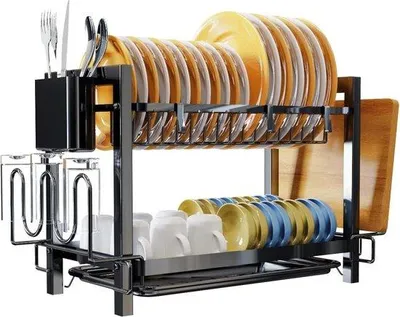 Image de Égouttoir de cuisine de grande capacité - Égouttoir de cuisine avec vaisselle - Égouttoir avec support pour planche à découper et crochets - Noir