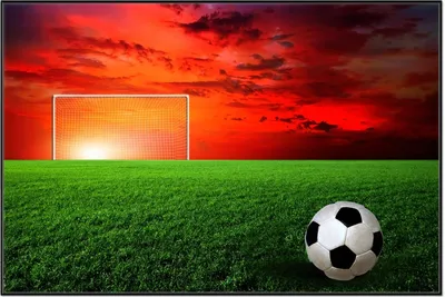 Produktbild von Wallario Wandbild Fußball - Fußballfeld bei Sonnenuntergang, Größe: 61 x 91,50 cm, Poster mit schwarzem Aluminiumrahmen