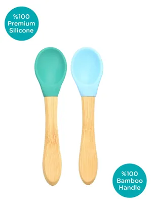 Immagine prodotto di Cucchiaini in silicone per bambini, ideali per l'apprendimento dell'alimentazione, a partire dai 6 mesi, con manico in bambù