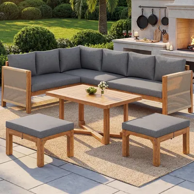 Produktbild von Merax Modulares Gartenmöbel-Set, 6-Sitzer Ecksofa mit Kissen, 2 Hocker & Akazienholztisch, Atmungsaktiv Outdoor Set mit hochwertiges Akazienholz,Grau