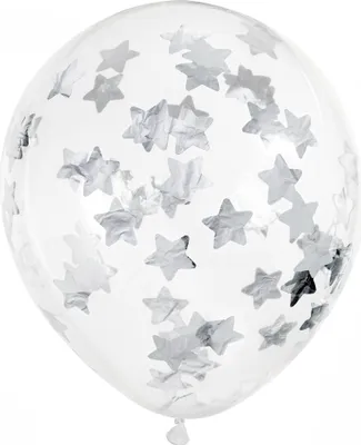 Zdjęcie produktu dla Balony z konfetti w srebrne gwiazdki - idealna dekoracja na każdą imprezę! Opakowanie 6 szt., 30 cm, doskonałe na urodziny, wesele czy inne radosne chwile!