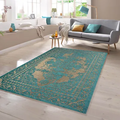 Produktbild von Moderner Teppich mit Bordüre in Türkis Beige Größe - 80 x 250 cm
