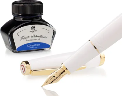 Produktbild von Füllhalter Set Cleo Skribent Classic Gold Weiß, Patronen-Füllhalter und 30 ml Tinte Blau