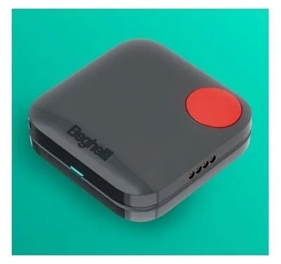 A square, dark gray personal safety device with a red button is shown against a teal background.