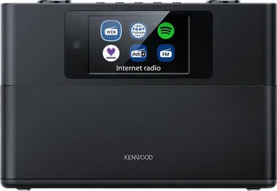 A black internet radio with a screen displaying various app icons and the text 'Internet radio'. The Kenwood logo is visible on the speaker grille.