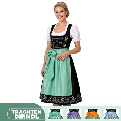 Produktbild von 3-teiler Midi-Dirndl Set Dirndel Dirndlbluse Dirndlschürze, Größe:40, Farbe:Mittelblau