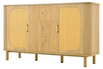 Productafbeelding van Buffet met houten look in natuurlijke stijl, bohemien design, met ribbels en rotan details, gouden accenten, afmetingen 140x40x80 cm