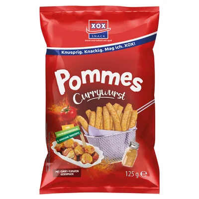 Produktbild von XOX Pommes Snack Currywurst knusprig herzhaft mit Currynote 125g