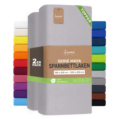 Produktbild von Lavea® 2er Pack Topper Spannbettlaken 180/200x200 cm, Bettlaken aus 100% Baumwolle Jersey – Für Topper bis 10 cm Höhe – Weich, Silber