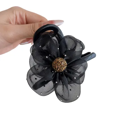 Produktbild von Haarspange für Damen, Kopfhautfreundliche Gaze, Blumen-Haarspange, langlebig, halb hochgesteckt, Pferdeschwanz, Hai-Clip, Greifclip für Frauen, Chignon, Schwarz