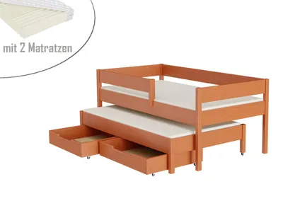 Produktbild von Ausziehbett 200x90 Kinderbett mit Rausfallschutz & Lattenrost teak 90 x 200 für Mädchen und Jungen Massivholz Kiefer und MDF Möbelplatte, mit Matratzen
