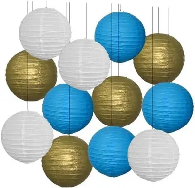 Imagen del producto de Linternas de papel redondas para Año Nuevo, vacaciones, fiestas, en colores dorado, rojo y amarillo. Disponibles en varios tamaños, incluyendo opciones para bebés, bautizos, celebraciones de 18 años y decoración de bodas. También hay sets disponibles, con un tamaño aproximado de 40 cm. También hay opciones en color azul