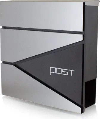 A modern mailbox with a geometric design.