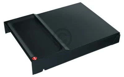 A black plastic lid for a waste bin is shown from a slightly elevated angle against a white background.