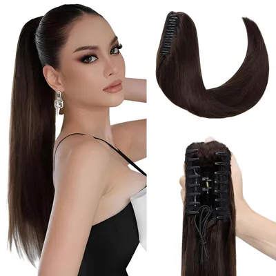 Immagine prodotto di Estensione per capelli, coda di cavallo da 45 cm, in capelli veri, color marrone scuro, con clip
