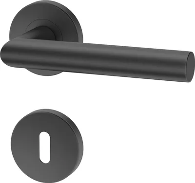 A black door handle and a keyhole escutcheon are shown against a white background.