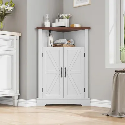 Produktbild von Badezimmer-Eckschrank, Bauernhaus-Boden-Eckschrank mit Türen und verstellbaren Regalen, freistehender Holzaufbewahrungsstall Schrank für Badezimmer, Küche, Wohnzimmer, Weiß
