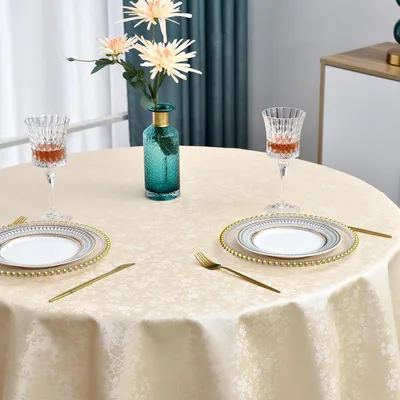 Produktbild von Tischdecke rund 120 cm beige wasserdicht wetterfest Blumenmuster 350GSM Polyurethan