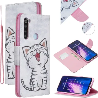 Produktbild von Für Redmi Note 8/8 Pro Handyabdeckung Stand Funktion Geldbörse Design Kunstleder Smartphone Shell Elegante Muster gedruckt Rote Lippenkatze
