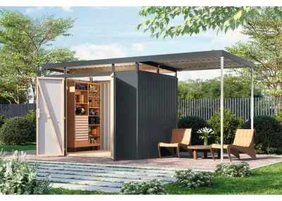 Produktbild von Gartenhaus Karibu Shoran 3 inkl. Oberlicht, Unterkonstruktion, Anbaudach 502,5 x 215 cm anthrazit
