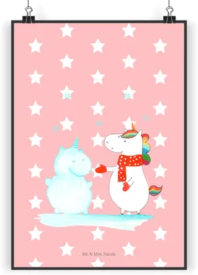 Produktbild von Mr. & Mrs. Panda Bild Einhorn Schneemann DIN A4 - Rot Pastell - Geschenk, drucke, Wandbild, Handschuhe, Unicorn, Schnee, Winter, Weihnachten, wanddeko, Kuchen, Plakat