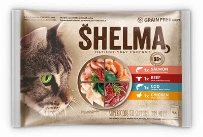 Zdjęcie produktu dla SHELMA Bogata na łososia, dorsza, wołowinę i kurczaka - mokra karma dla kotów - 4x85g