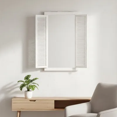 A white mirror with shutter-like side panels is mounted on a white wall above a wooden console table. A small potted plant sits on the table.