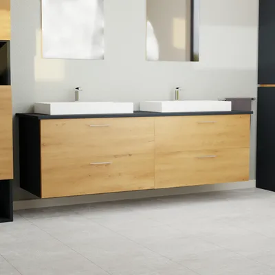 Produktbild von Garlivo Waschbeckenunterschrank GLA-160 Eiche mit Schubladen, Badezimmer Waschtischunterschrank hängend , Breite 160 cm, Soft-Close, Push-to-Open/ Tip-On