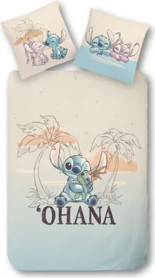 A bedding set featuring Disney's Lilo & Stitch characters with palm trees and the word 'OHANA'.