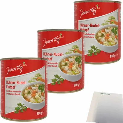 Produktbild von Jeden Tag Hühnernudeltopf mit Muschelnudeln und Hühnerfleisch 3er Pack (3x800g Dose) + usy Block