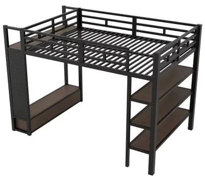 Obrázek produktu pro Dvoulůžko s horní palandou - kovový rám - 140 × 200 cm - Otevřená skříň - Úložné prostory - LED osvětlení - Černá barva